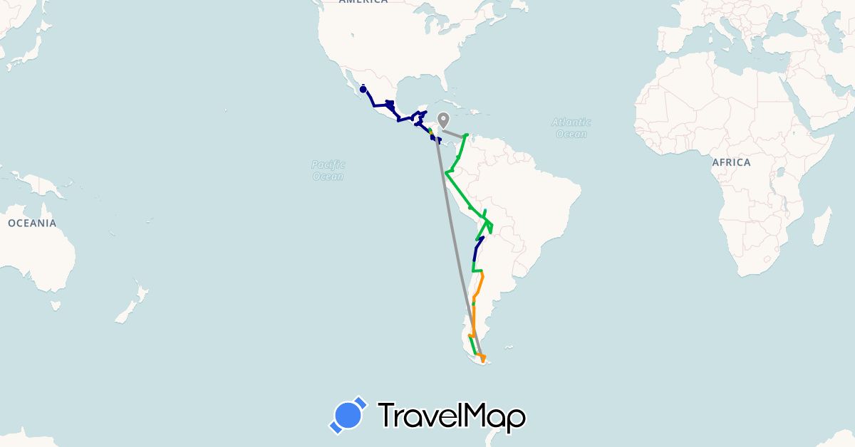TravelMap itinerary: driving, bus, plane, hiking, boat, hitchhiking in Argentina, Bolivia, Belize, Chile, Colombia, Costa Rica, Ecuador, Guatemala, Mexico, Nicaragua, Peru, El Salvador (North America, South America)